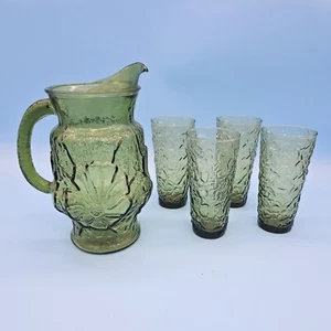 Vintage Anchor Hocking Green Flowering Daisy Pitcher And 4 Glasses - Picture 1 of 10