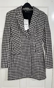 ZARA BLACK WHITE TEXTURED CHECK PRINT BLAZER DRESS WITH SHOULDER PADS SIZE S NEW - Picture 1 of 8