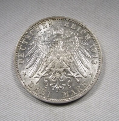 Moneda 1913-D Alemania-Baviera Plata 3 Marcos UNC Detalles AP618 Foto 1 de 3