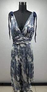 Rickie Freeman TERI JON Womens Blue White Floral SILK Midi Dress Size 8 - Picture 1 of 12