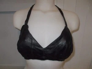 REAL~LEATHER~BLACK~BIKER~HALTER TOP~BRA~Sz. M + L~HARLEY RIDER~COWGIRL~HIPPIE - Picture 1 of 4