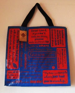 BOLSO DE MANO GRANDE RECICLADO DEL MERCADO COMPRADOR, humor alrededor de la comida, azul rojo - Imagen 1 de 10