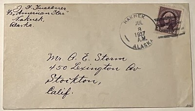 1937 Mail Naknek Alaska To Stockton California With Washington 3 Cent Stamp Apaa - Image 1 of 3