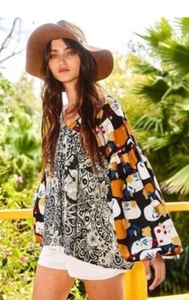 Bucketlist Mixed Media Pattern Floral V-neck Blouse Lagenlook Hippie Boho Small - Picture 1 of 1