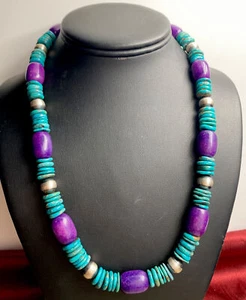 Collar Sugilite teñida de plata de ley con cuentas de turquesa. 20 pulgadas - Imagen 1 de 12