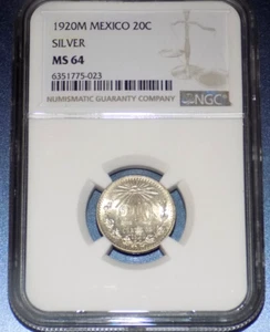 MEXICO ESTADOS UNIDOS 1920 20 CENTAVOS NGC CERTIFIED UNCIRCULATED MS-64 COIN - Picture 1 of 4