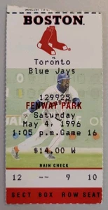 Boston Red Sox Toronto Blue Jays Baseball Ticket Stub 5/4 1996 Bill Haselman HR - Bild 1 von 2