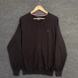 Tommy Hilfiger Mens Jumper XL Black Long Sleeve V Neck Sweater Winter Warm Logo - Picture 1 of 14