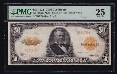 US 1922 $50 Gold Certificate FR 1200am Small Serial# Mule Variety PMG 25 (033) - Image 1 of 2