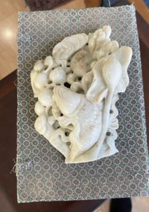Vintage MCM Chinese Hetian White Jade Carving Statue Fish Coin Good Fortune 7” - Picture 1 of 13
