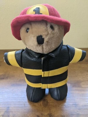 Vintage Fireman Teddy Bear Dakin 1994 W/Red Hat & Pleather Over Coat & Boots! - Image 1 of 4