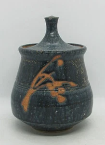 Salt-Fired Jar w/ Lid - Glazed in Dark Blue w/ Lighter Highlights - Wax Resist - Picture 1 of 8