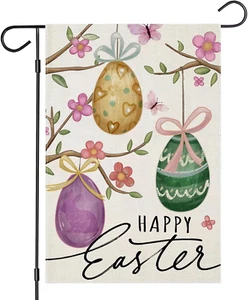 Happy Easter Garden Flags for Outside, Watercolor Easter Eggs with Flowers Branc - Picture 1 of 8