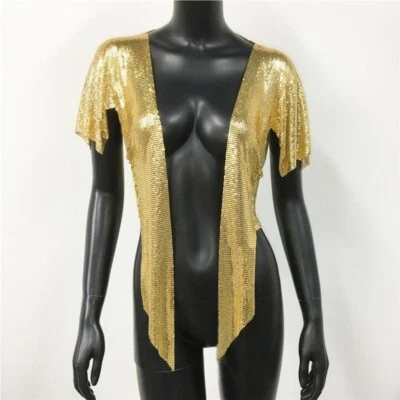 Shiny Sequin Shawl Top Sexy Festival Party DJ Nightclub Short Sleeve Blouse - Image 1 of 4