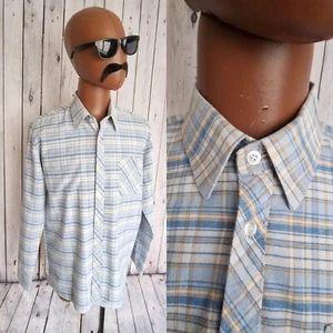 Flannel Shirt Blue Check Cotton -Large- Vintage 1980s Grunge Hipster CS32 - Picture 1 of 17