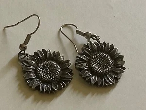1992 Dan Forth Signed Pewter SunFlower Style Hook Earrings - Picture 1 of 4