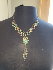 Necklace Michal Negrin Crystals teal purple red lovely flowers made Israel 18" - Picture 1 of 7