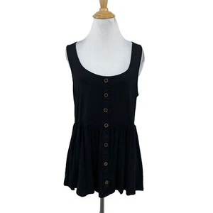 Bloomchic Tank Womens 12 Black Front Button Sleeveless Scoop Neck Flounce Hem - Picture 1 of 11