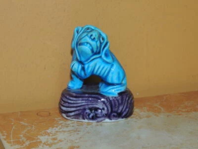 Chinese Mud Beast 2.25" marked China dog Mudman Antique c1910 turquoise purple - Image 1 of 4