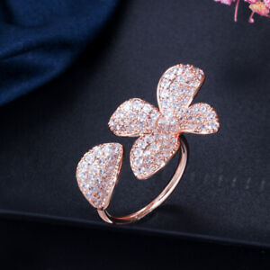 CWWZircons Luxury Rose Gold Cubic Zirconia Flower Leaf Open Cuff Rings for Women