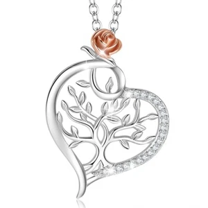 CRYSTTAL Tree of Life Heart Rose Pendant Necklace 925 Sterling Silver CZ Zircon - Picture 1 of 9