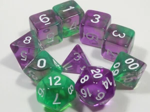 NEW RPG Dice 10pc - Mysty Purple Green w/white- 1@D4 D8 D10 D12 D20 D00-10 &4D6 - Picture 1 of 8