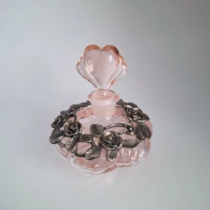 Vintage Perfume Bottle Pewter Pink Swirl Glass Rose Flower Ring Heart Stopper - Picture 1 of 18