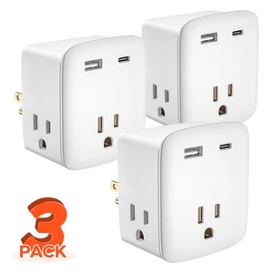 3-Outlet+2-USB Grounded Wall plug,Travel Adapter,USB Wall Charger,ETL Certified - Picture 1 of 22
