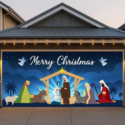 BRAND: BLISSFULTIE Garage Door Christmas Cover 7x16FT: Nativity Scene
