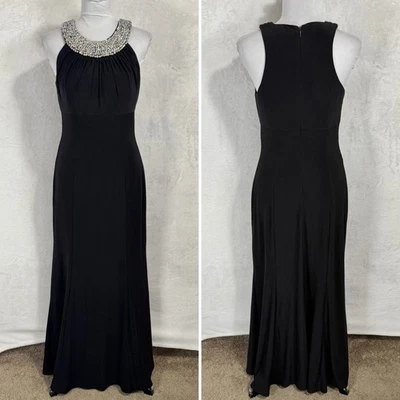 Cachet Black Beaded Halter Evening Gown Size 6 Formal Empire Maxi Dress Jersey - Image 1 of 4