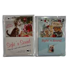 2 Sight n Sound Christmas Cards - Kitten & Cat Family Holiday Pop Up Sound New - Picture 1 of 10