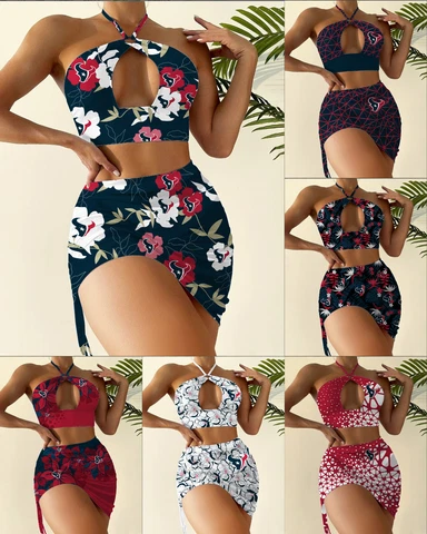 Houston Texans Womens 2Pcs Cutout Swimsuit Halter Bikini Set W/Cover Up Skirt Cover