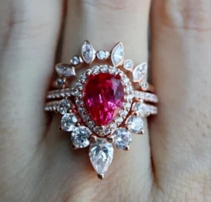 Ruby Ring Engagement Ring Bridal 3pcs Ring Gold plated Proposal ring for women's - Picture 1 of 11