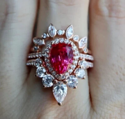 Ruby Ring Engagement Ring Bridal 3pcs Ring Gold plated Proposal ring for women's - Image 1 of 4