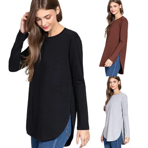 Women's Long Sleeve Side Split Loose Casual Pullover Crew Neck Tunic Top Shirt - Picture 1 of 14