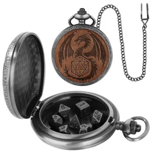 Retro Steampunk Dragon Watch Pocket Case with 7 Dices Fob Chain Souvenir Gifts - Picture 1 of 14