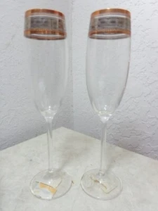 2 Champagne Flutes Baroque Gold Silver Platinum Trim Royal Gallery hand blown - Picture 1 of 3