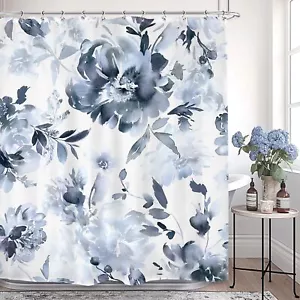 Blue Floral Shower Curtain 72Wx72L Inch Navy Flowers Watercolor Peony Leaves ... - Picture 1 of 8
