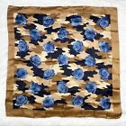 Frangi 100% Silk Brown Camouflage & Blue Roses Square Neck Scarf