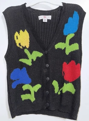 Chaleco Suéter Vintage Adrienne Vittadini Opciones Negro Mujer Tulipanes Trozo Medio Foto 1 de 4