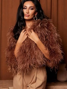 Ostrich Fur Fluffy Jacket Fuzzy Feather Furry Plush Coat Chic Stylish Jackets - Picture 1 of 36
