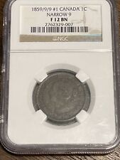1859/9/9 #1 Canada One Cent 1C Narrow 9 variety,  NGC Fine F 12 BN Very Rare
