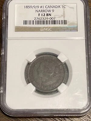 1859/9/9 #1 Canada One Cent 1C Narrow 9 variety,  NGC Fine F 12 BN Very Rare - Image 1 of 4