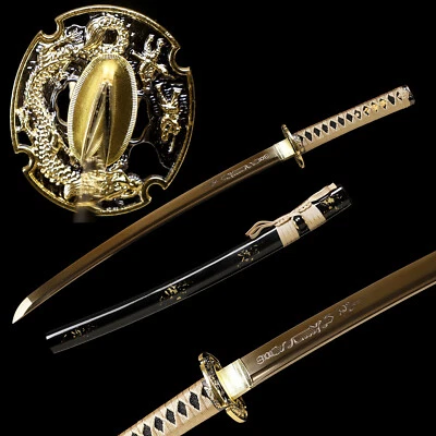Espada Larga Dragón 30"" Wakizashi 1095 Acero al Carbono Hoja Dorada Full Tang Afilada Foto 1 de 4
