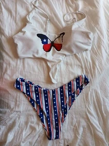 Zaful Multicoloured Stars & Stripes BUTTERFLY Padded Bikini Brief Set UK Medium - Picture 1 of 7