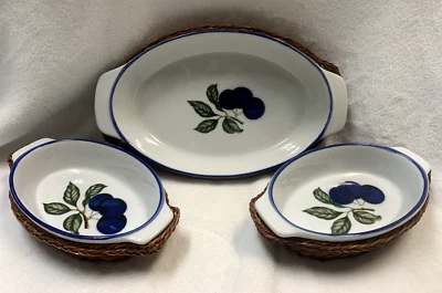 Vintage Plum Ceramic 6 Piece serve/Bake Set: 3 Wicker Baskets, 3 Ceramic Dishes - Image 1 of 4