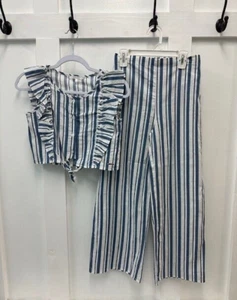 PREOWNED GIRLS TAHARI TWO PIECE BLUE AND WHITE STRIPE TOP AND PANT SET SIZE 12 - Picture 1 of 7