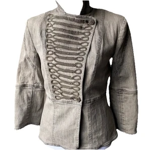 ALICE + OLIVIA Gray Military Style Distressed Jeans Jacket Sz M - Picture 1 of 12
