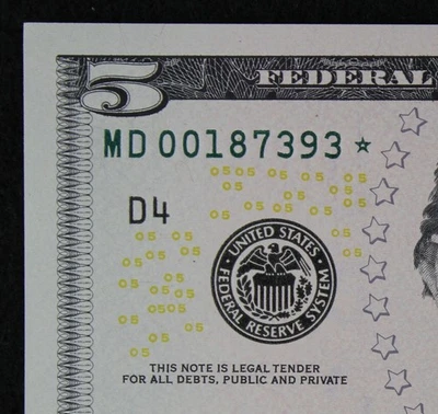 $5 2013 GEM CU Star Federal Reserve Note MD00187393* SINGLE RUN ISSUE 320K print - Image 1 of 3