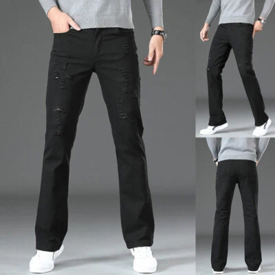 Men Stretch Black Denim Pants Bootcut Jeans Trousers Distressed Ripped Fashion - Imagem 1 de 4